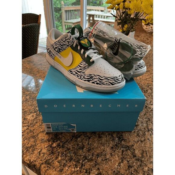 Nike Men's Dunk Low Doernbecher 2022 Sneakers - White/Green/Yellow 11.5 - Picture 2 of 13